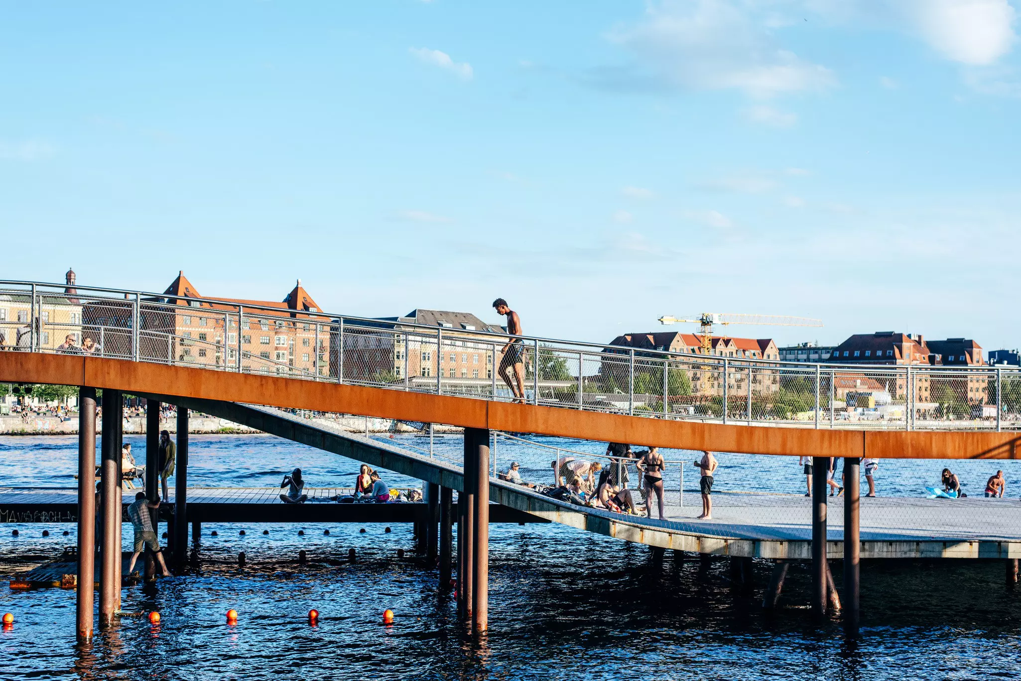 People swimming in the Havnebadet Islands Brygge pools in Copenhagen, Denmark.