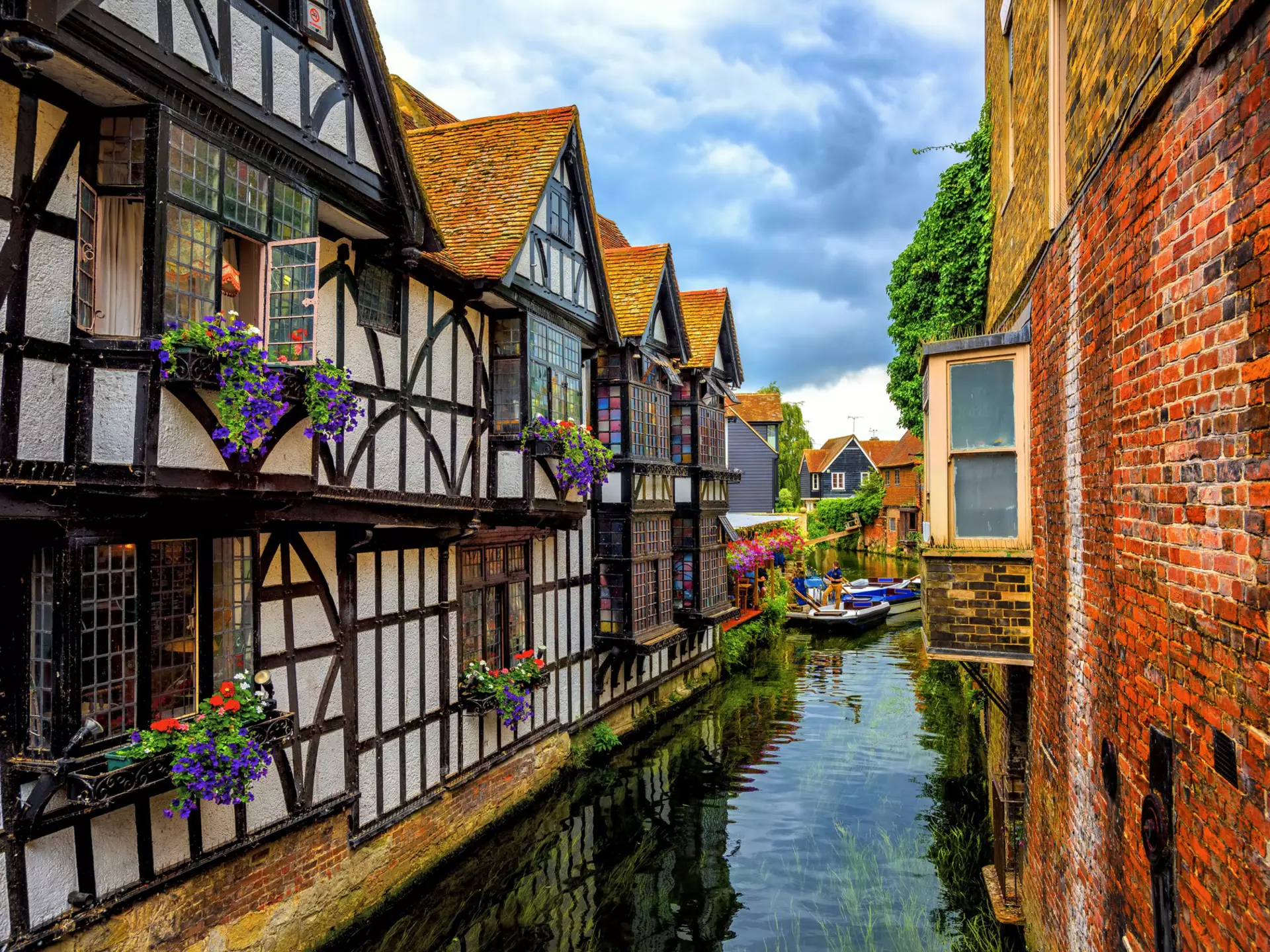 Medieval half-timber houses and Stour river in Canterbury Old Town, Kent, England