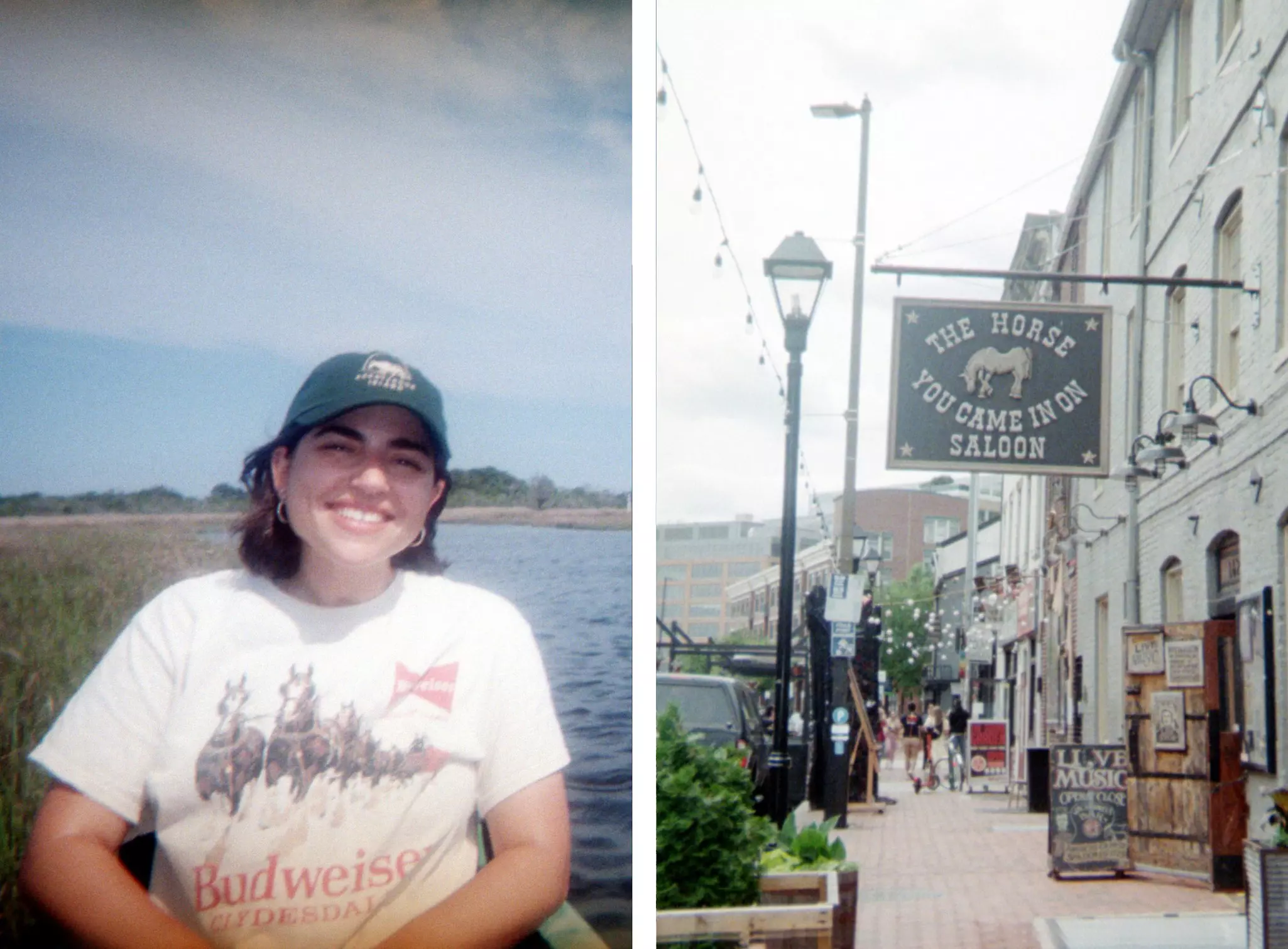 Left, Margo in a hat and t shirt in a canoe on Assateauge Island. Right, the sign of the horse you came in on saloon on a street in Baltimore