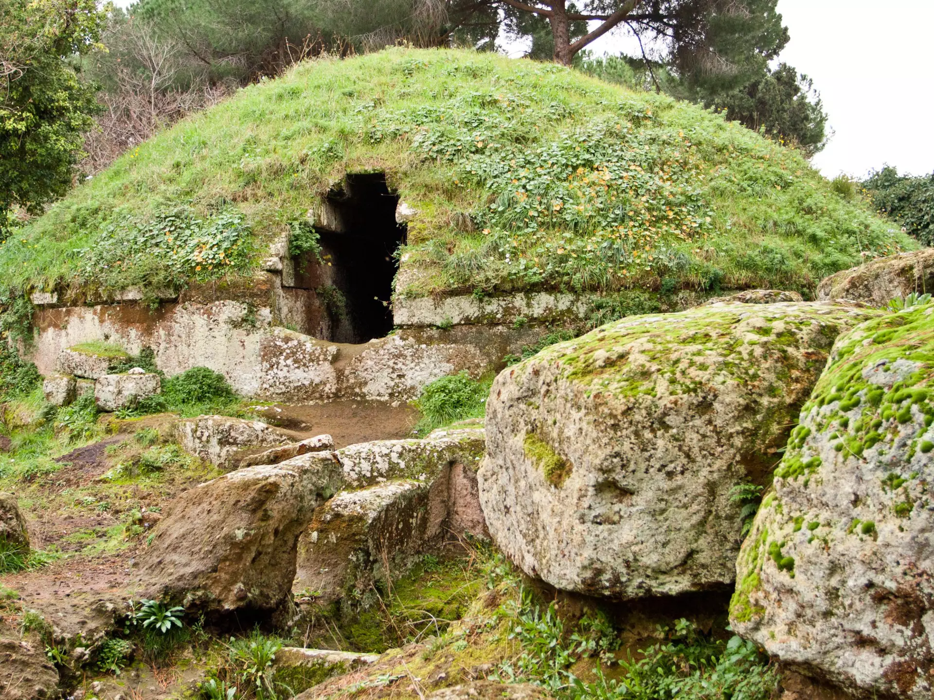 Grass and moss cover stone tombs at the Etruscan necropolis of Cerveteri