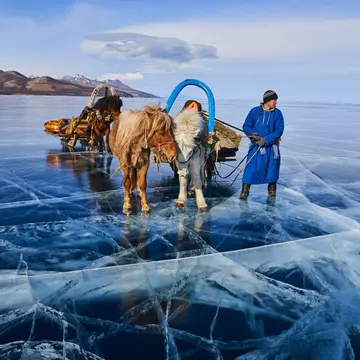 Ice-sledding is popular on Khövsgöl Nuur outside of the summer season  © Tuul & Bruno Morandi / Getty Images
