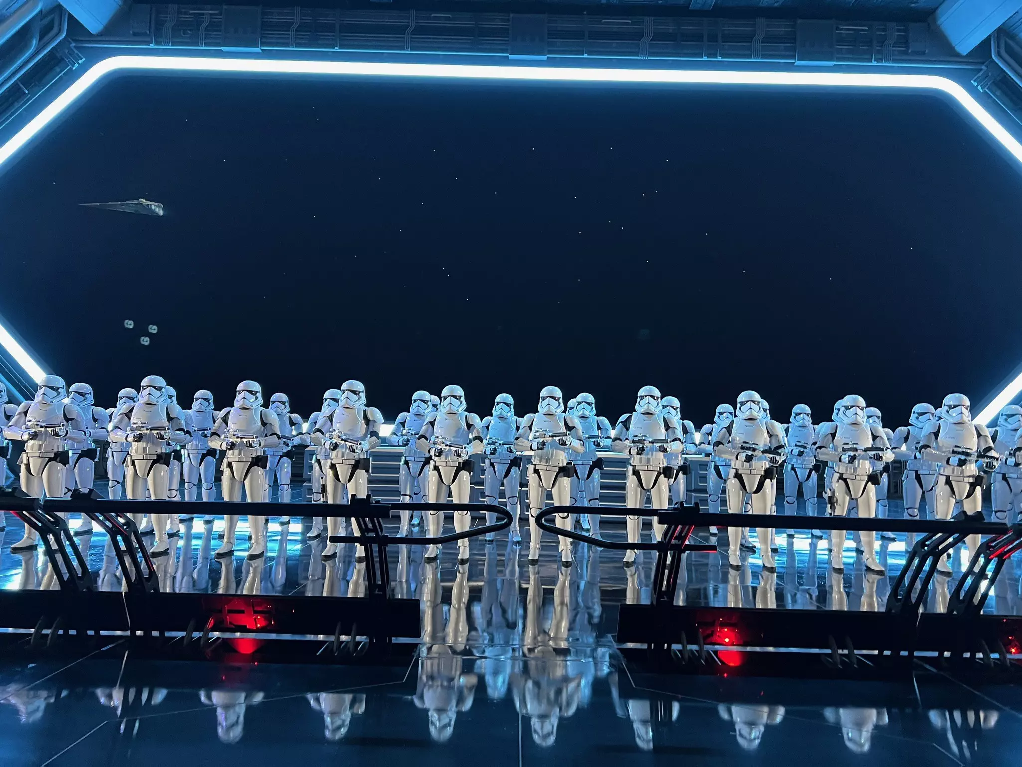 Stormtroopers stand guard on Rise of the Resistance