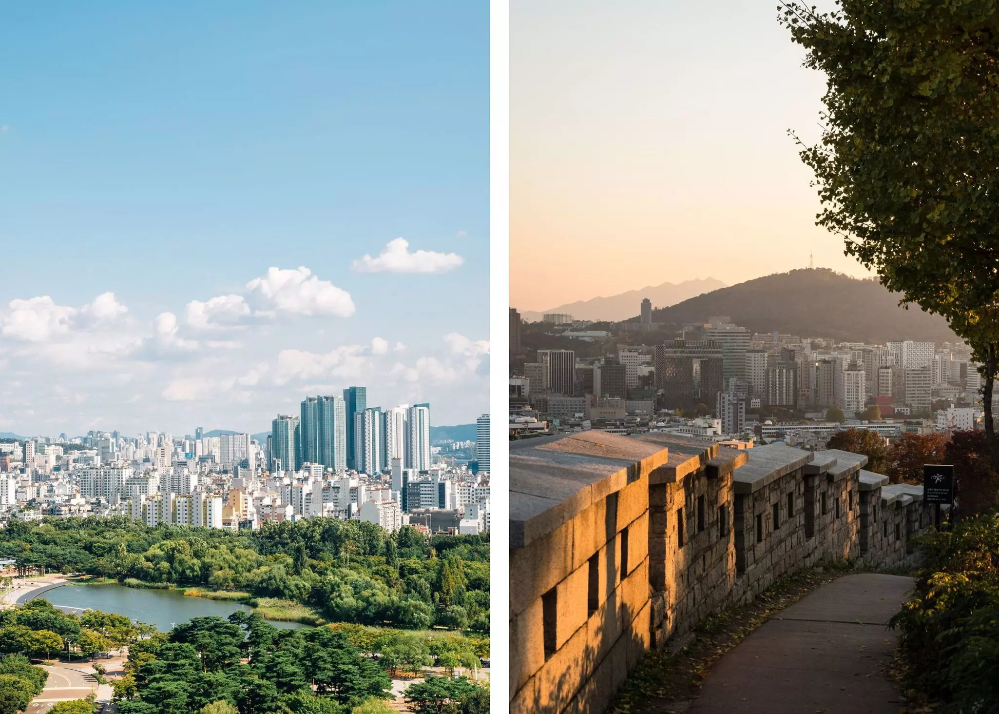 Left: A high-rise city skyline in Seoul. Right: Sunset casts shadows over a city wall and buildings in Seoul, with Nasam Mountain in the background. 