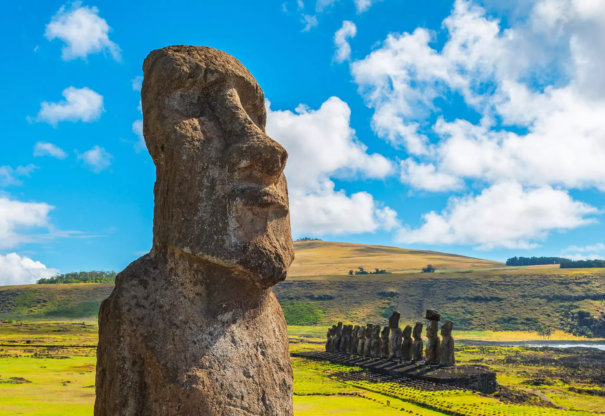 A huge statue depicting a stylized human figure in front of a wide expanse of grass and other statues.