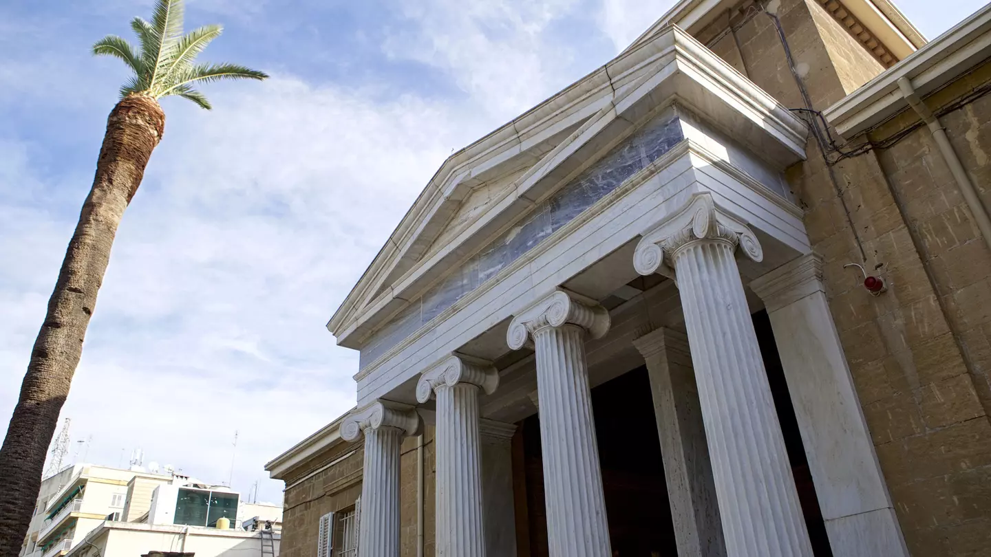 The long columns that dominate the entrance to the Cyprus Museum, Nicosia