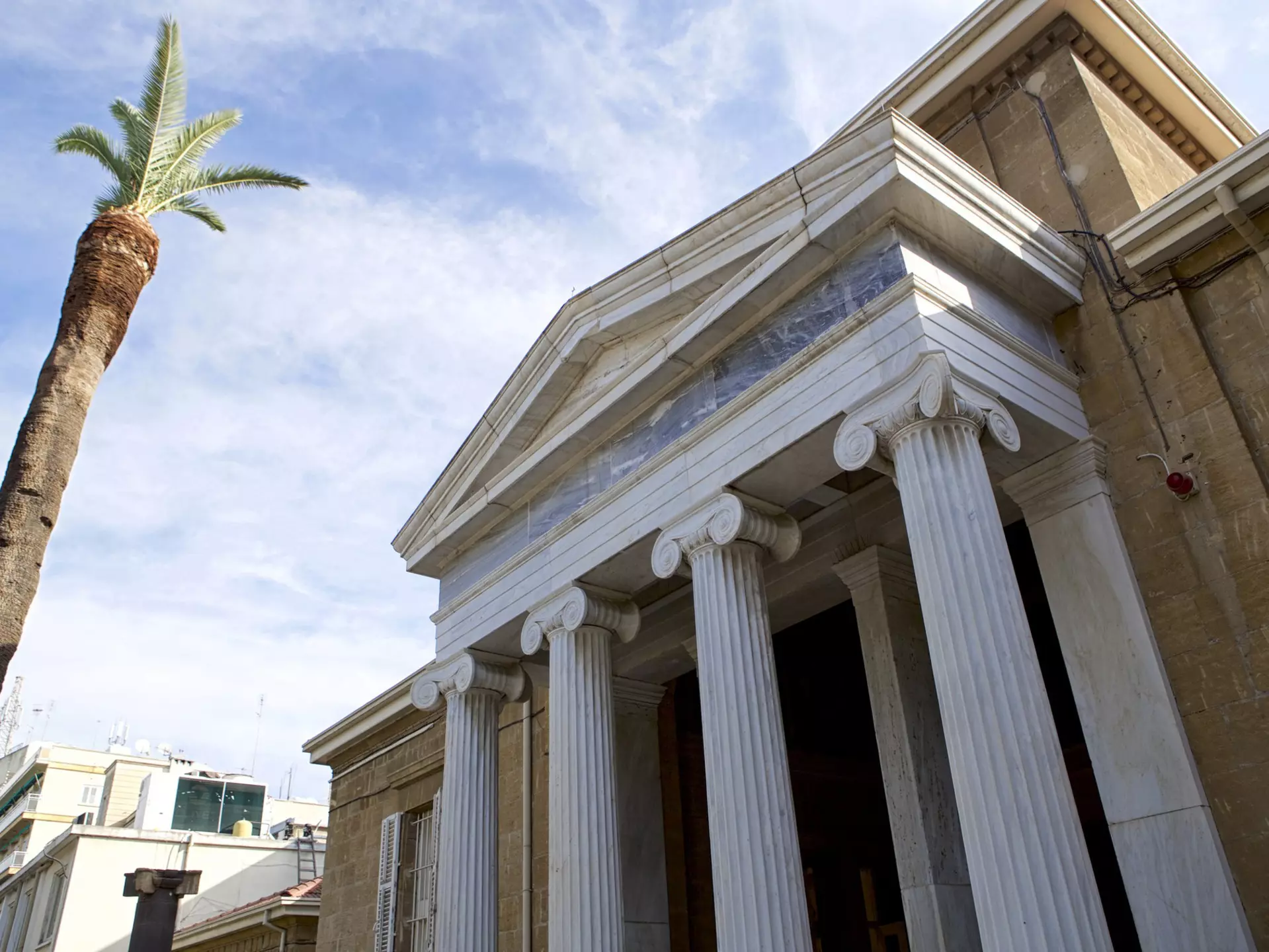 The long columns that dominate the entrance to the Cyprus Museum, Nicosia