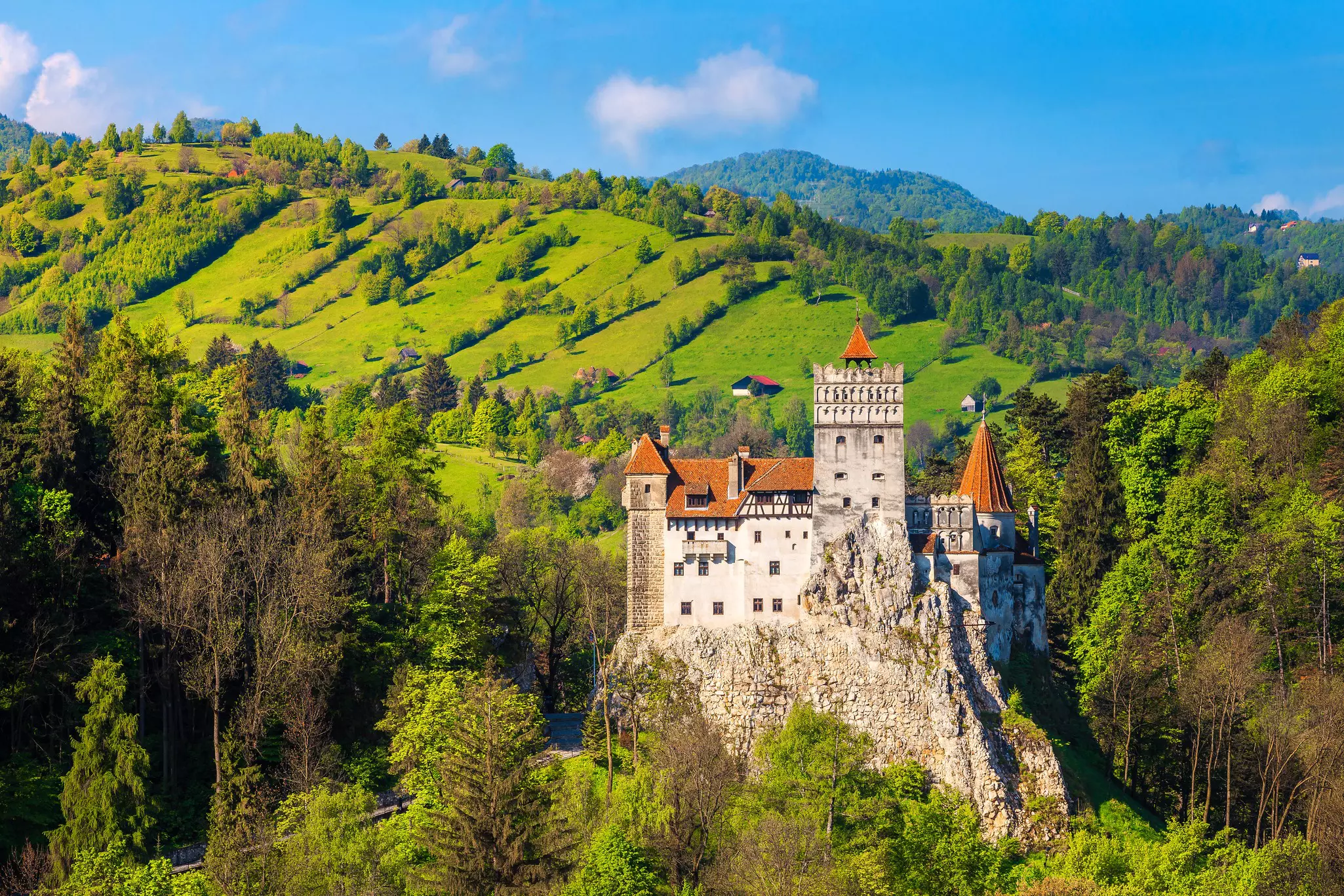 Bran Castle amidst the green slopes of Transylvania's mountains.