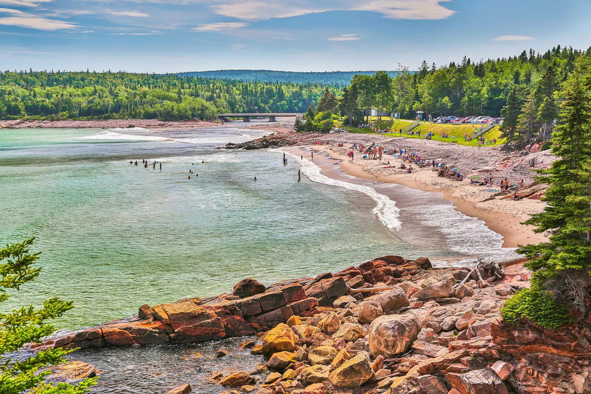 Swimmers at a riverside beach backed by forest.