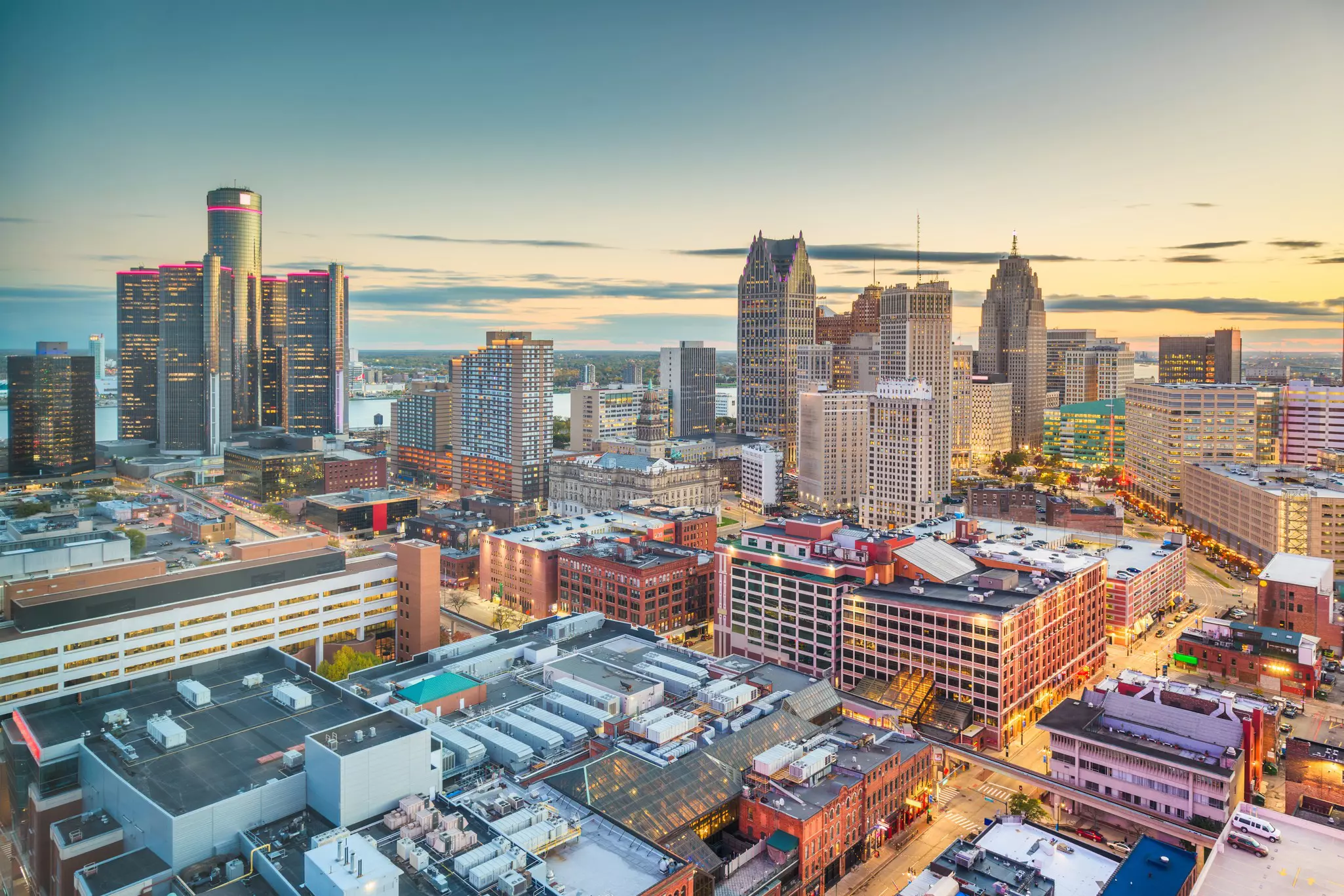Aerial view of downtown Detroit at twilight
