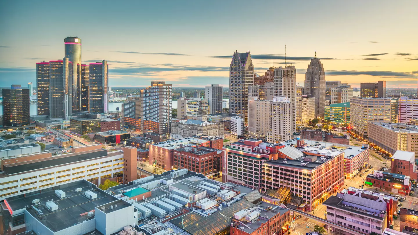 Aerial view of downtown Detroit at twilight