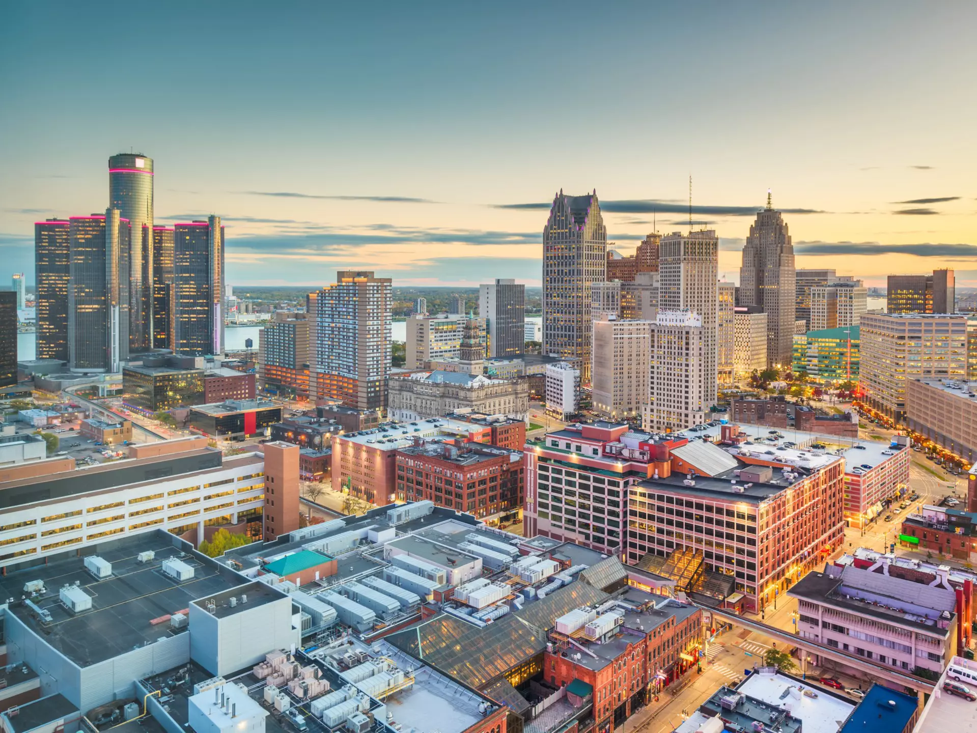 Aerial view of downtown Detroit at twilight
