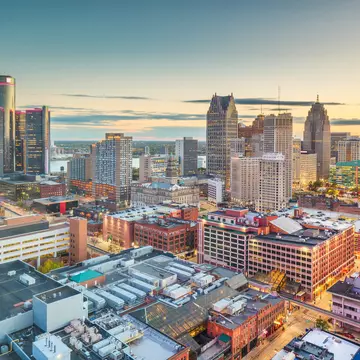 Aerial view of downtown Detroit at twilight