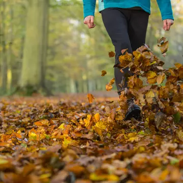 A woman walking and kicking up fallen leaves on a hike in the autumn