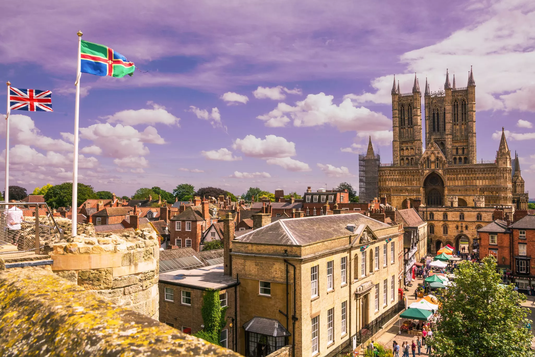 The view across Lincoln towards the cathedral from the castle's battlements.