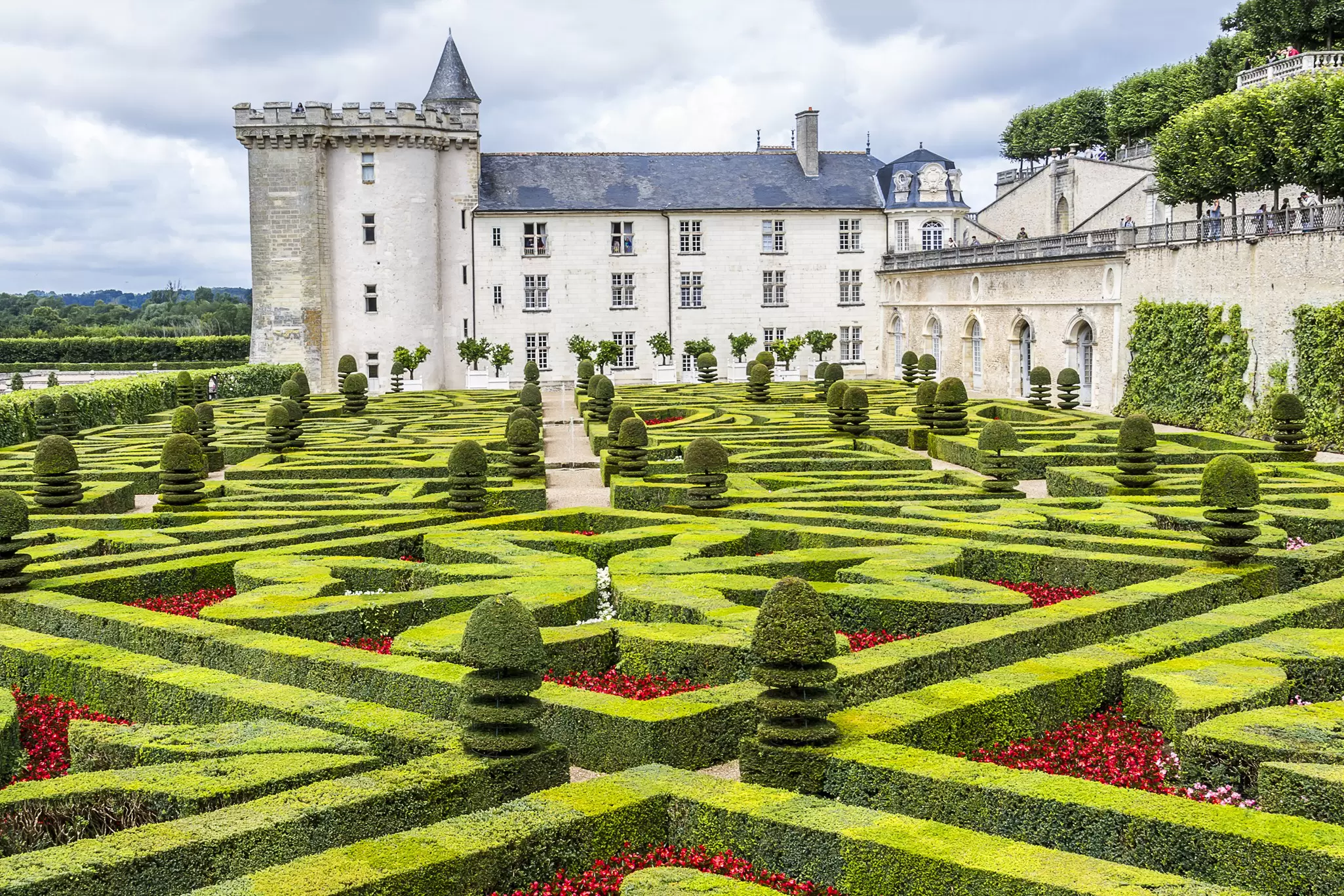 View of the gardens of Château de Villandry in the Loire Valley of France. 