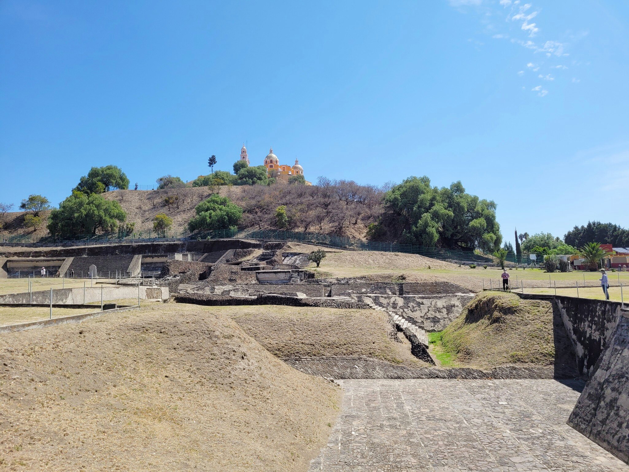 Panoramic view of the archaeological zone of Cholula in Puebla and with the church in the background