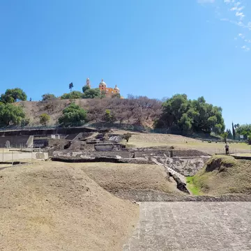 Panoramic view of the archaeological zone of Cholula in Puebla and with the church in the background