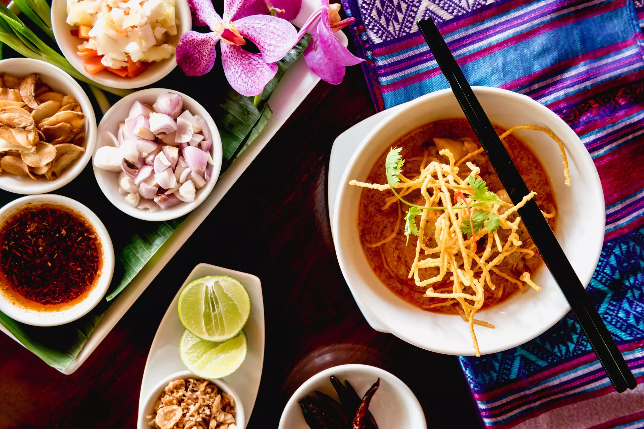Khao Soi, local northern food of Thailand, is chicken with curry and crispy noodle on top