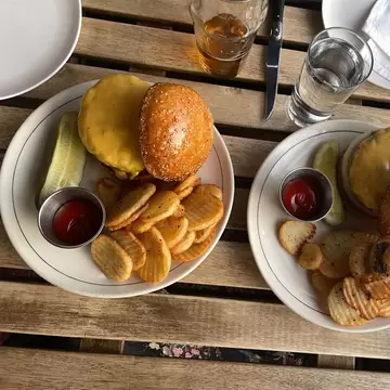 Burgers and fries at Red Hook Tavern in Brooklyn, NY