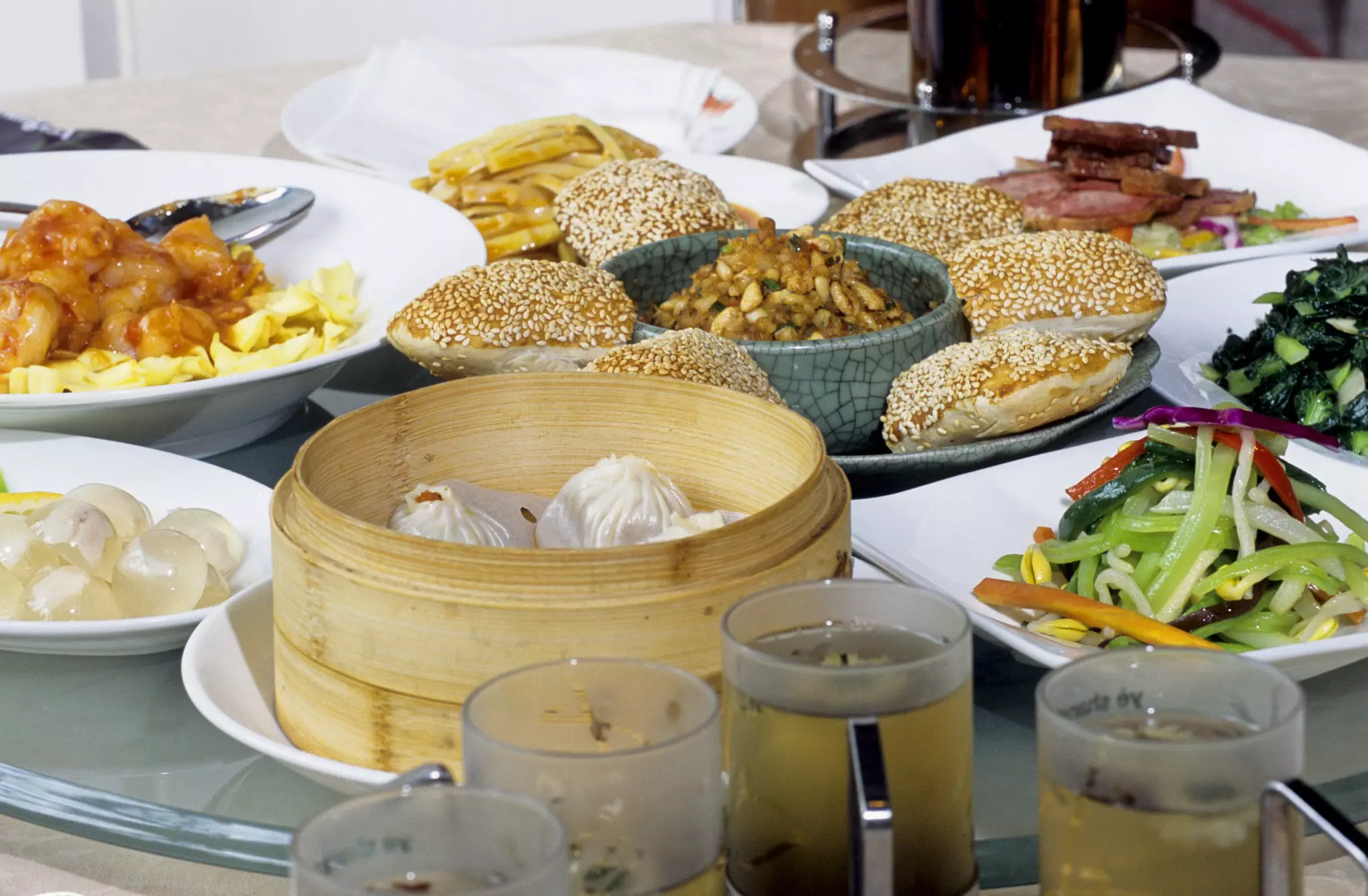 Food on a table at the upmarket Ye Shanghai restaurant in the former French Concession in Shanghai, China.