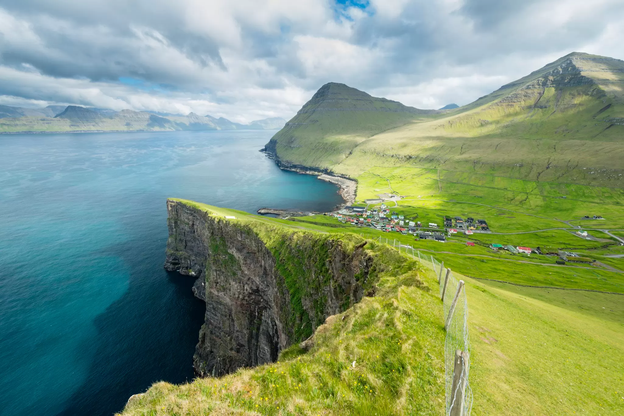 A plunging landscape of sea cliffs and grassland near Gjogv in the Faroe Islands. 