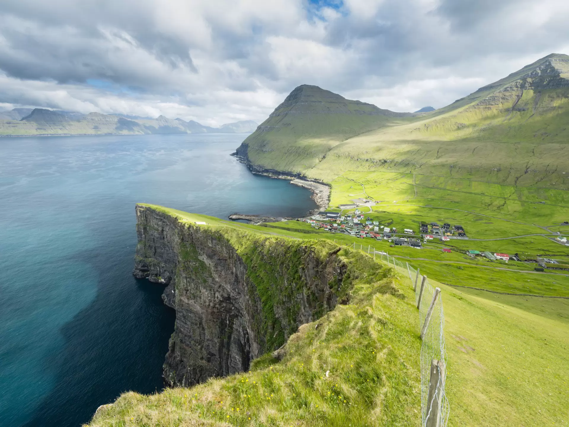 A plunging landscape of sea cliffs and grassland near Gjogv in the Faroe Islands. 