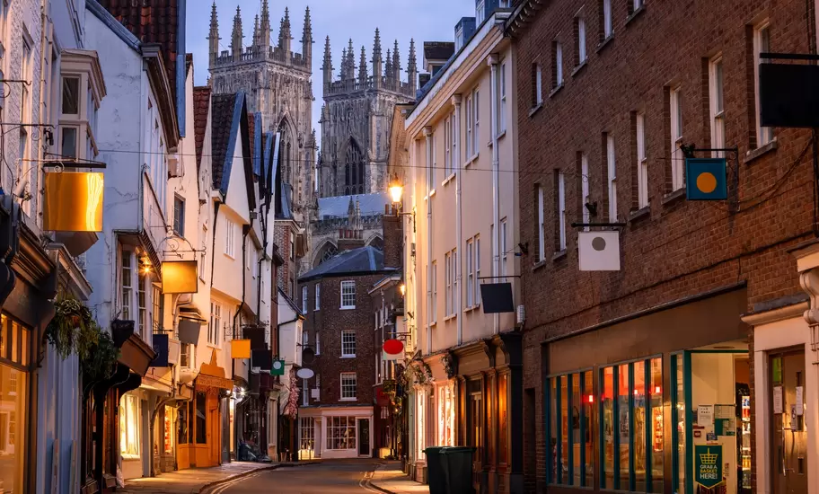 Low Petergate street leading to York Minster in York, England