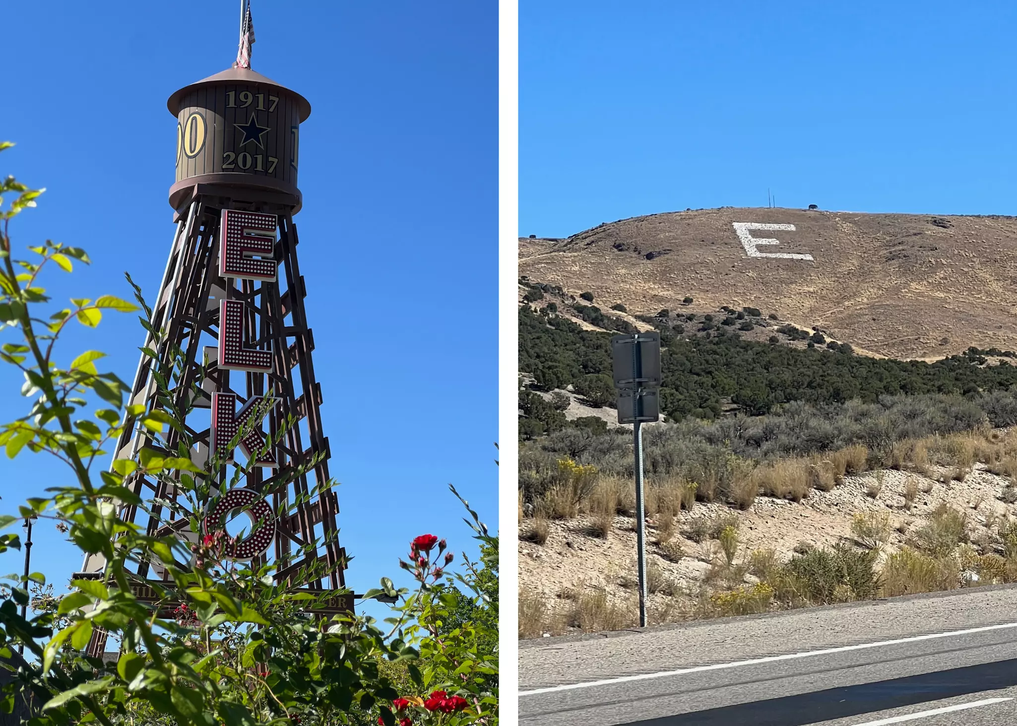 Left: Centennial water tower in downtown Elko; Right: The letter E, made from white stones, on a hillside outside Elko. Ben Buckner/Lonely Planet (2)
