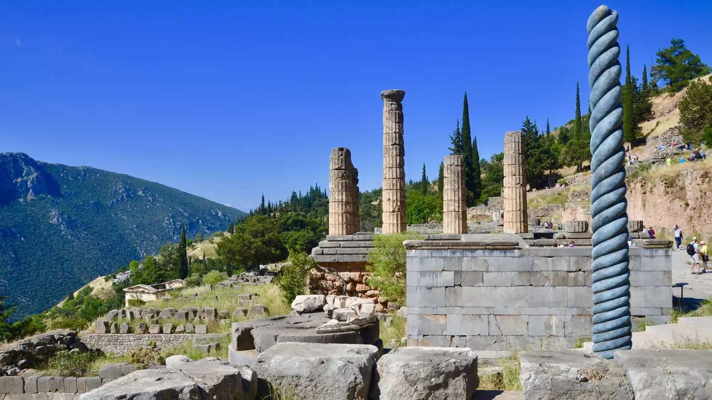 The twisted serpent column and the Doric columns of the Temple of Apollo.