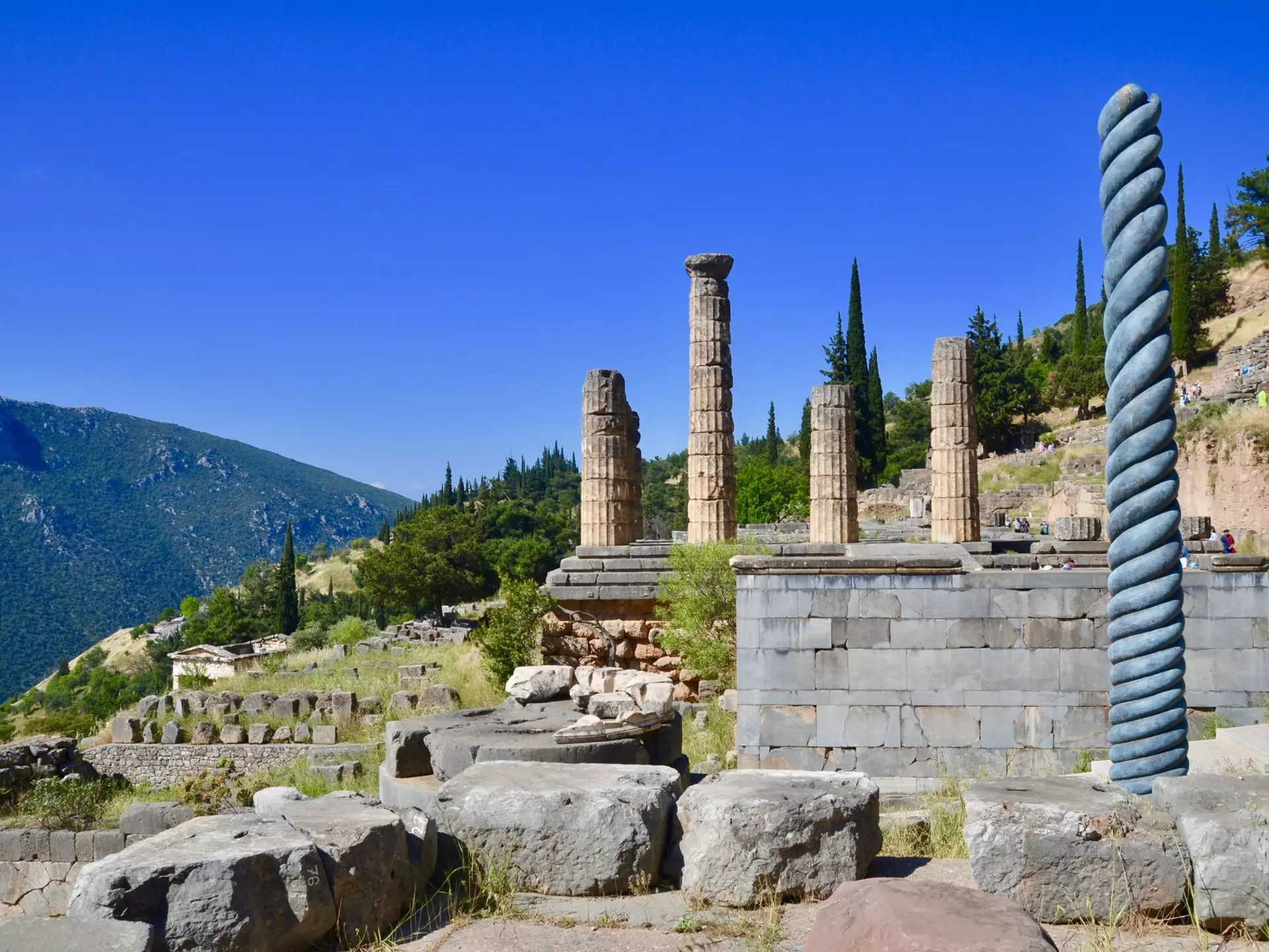 The twisted serpent column and the Doric columns of the Temple of Apollo.