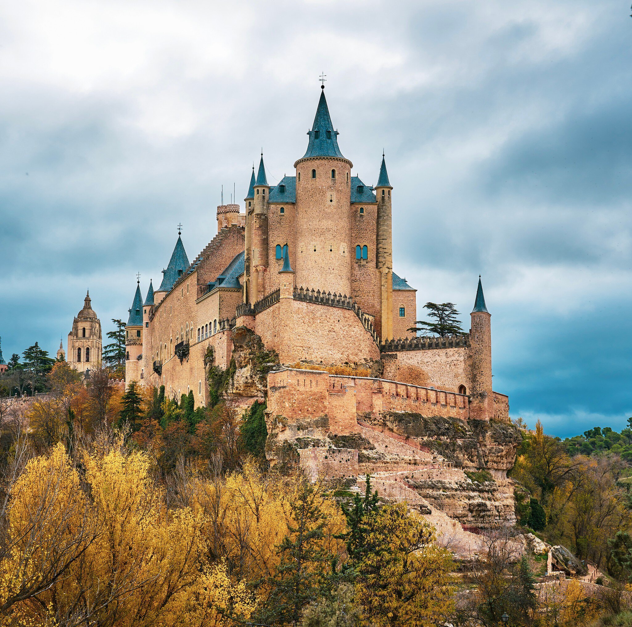 View of the Alcázar of Segovia during autumn in Spain.