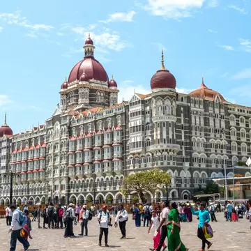 Facade of The Taj Mahal Palace hotel in Colaba district in Mumbai, India. 