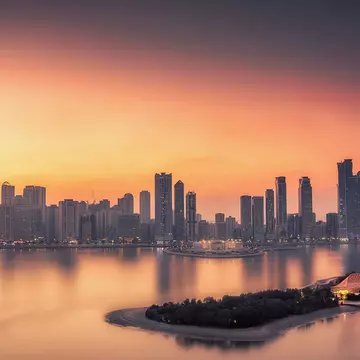 Sharjah skyline at sunset with Al Noor Island in the foreground. Bdalzyz Mmd / EyeEm / Getty Images