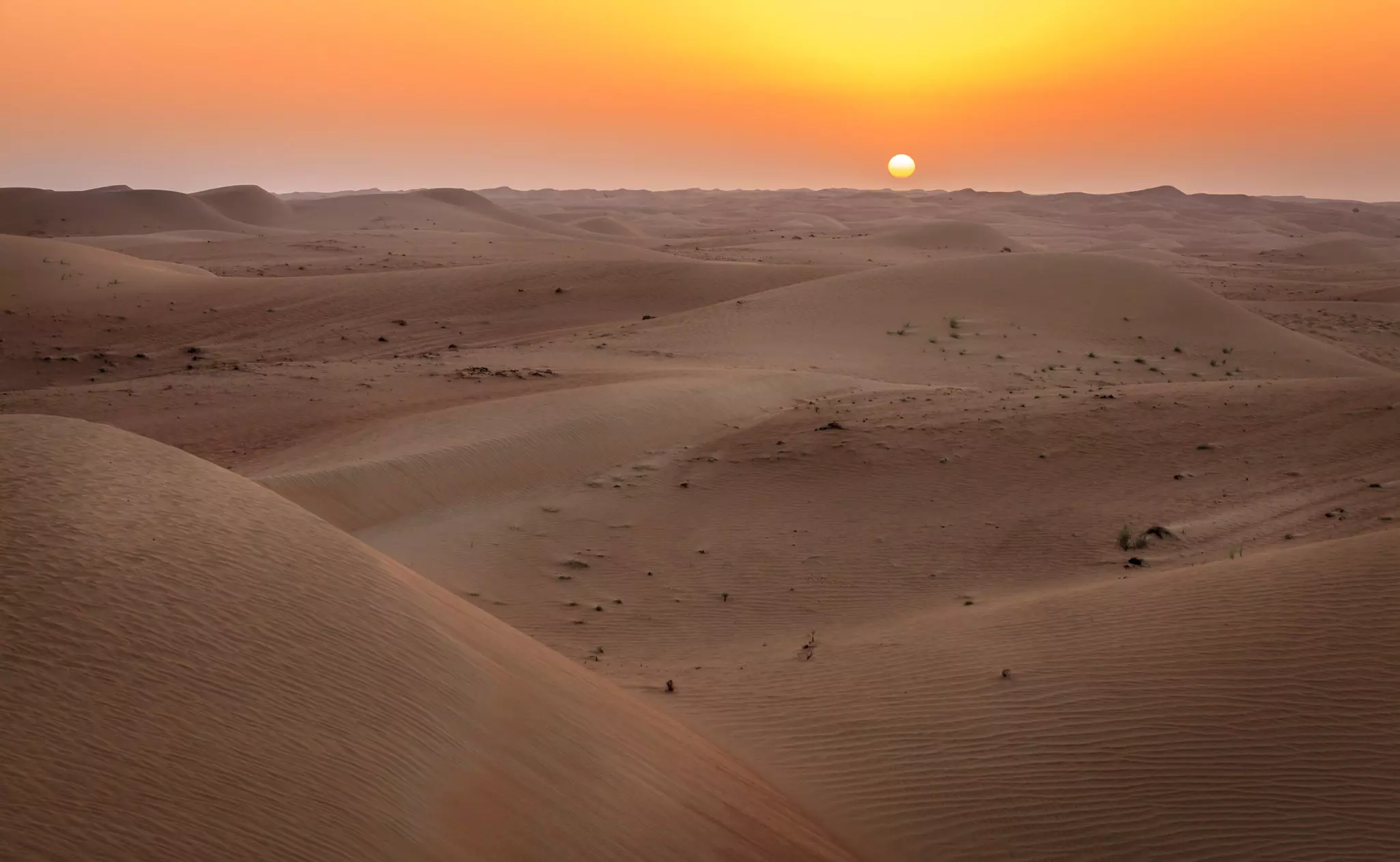 Sun rising over dunes of Dubai Desert Conservation Reserve, UAE