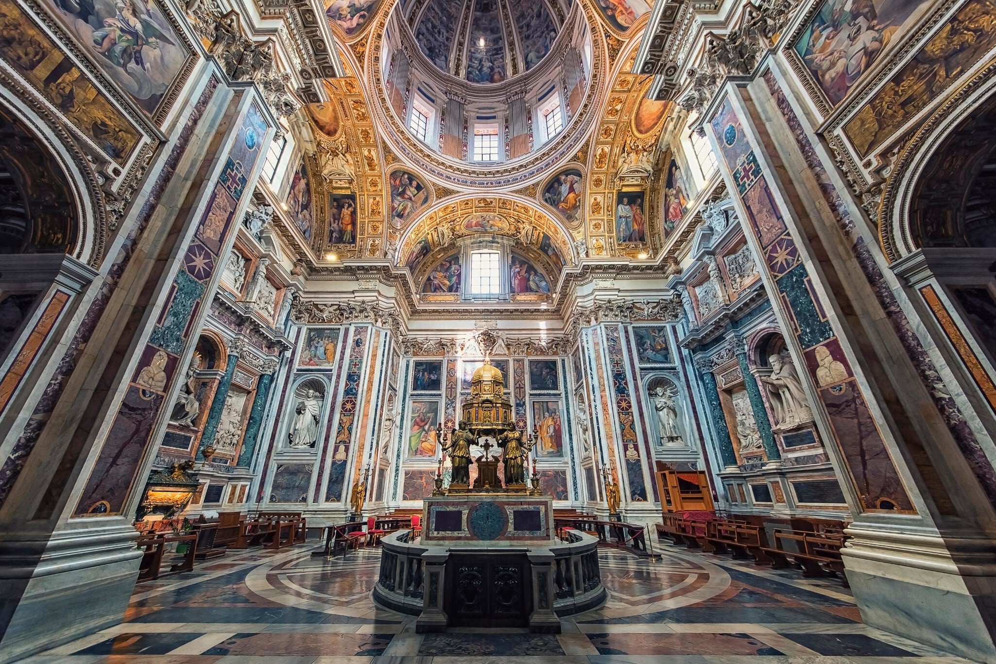 The gilded bronze tabernacle in the Sistine Chapel within the Basilica di Santa Maria Maggiore in Rome, Italy.
