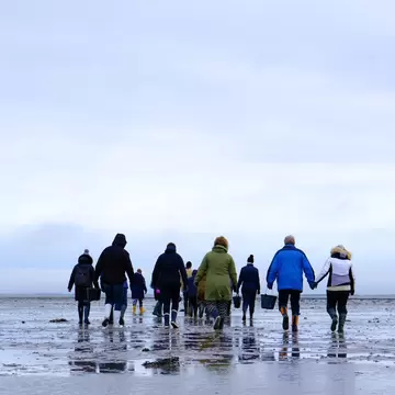 People walking in cold weather as part of Naturcenter Tønnisgaard in Rømø, Jutland, Denmark.