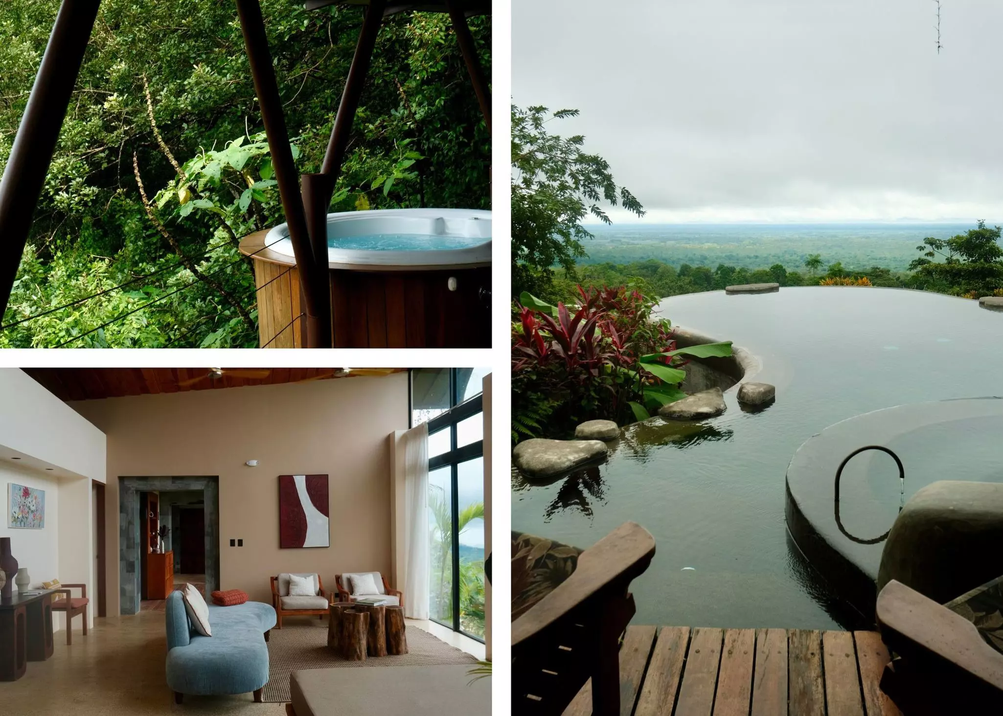 Top left: A hot tub on a wooden deck surrounded by jungle. Right: An infinity pool that looks out onto the jungle. Bottom left: A modern living room with a couch, two chairs, and a coffee table