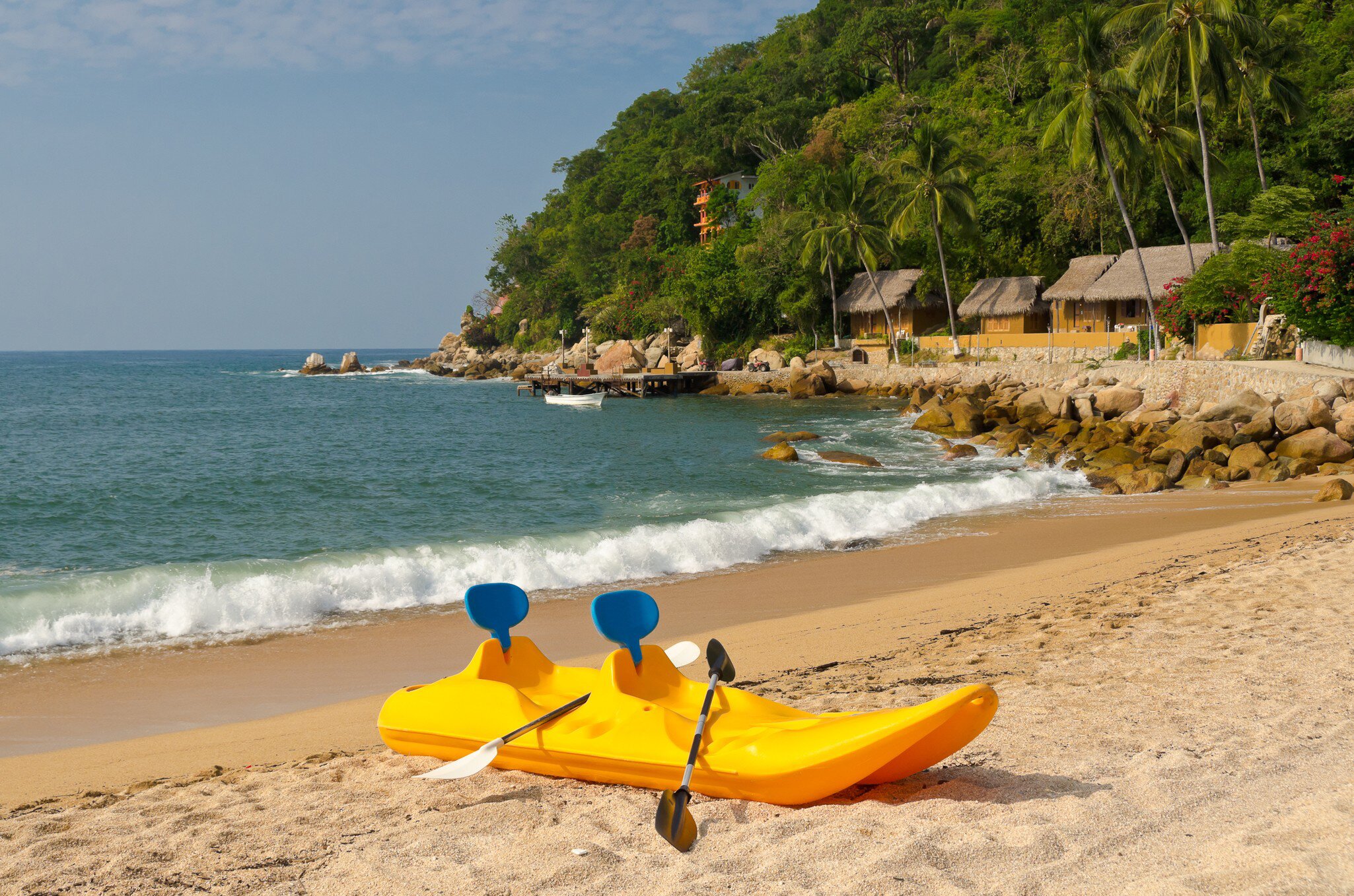 View of a kayak on the beach in Yelapa near Puerto Vallarta, Mexico.