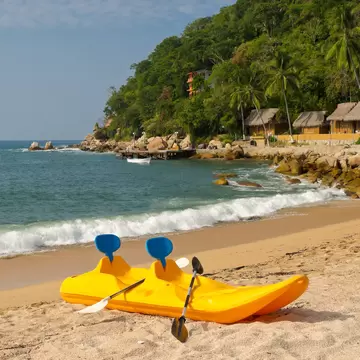 View of a kayak on the beach in Yelapa near Puerto Vallarta, Mexico.