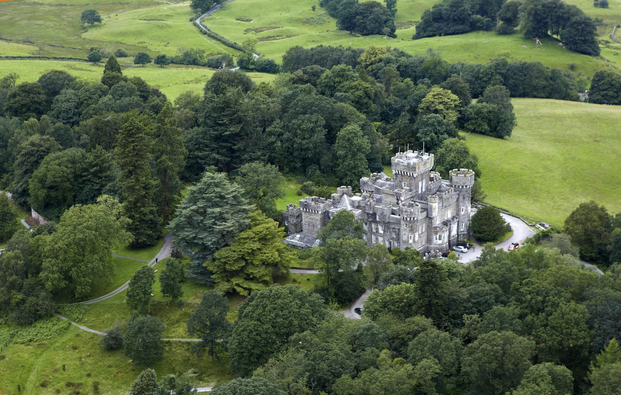 Aerial view of Wray Castle in the Lake District. Wray Castle was built in 1840 in the Gothic revival style on the shores of Lake Windermere