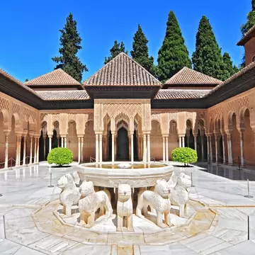 July 1, 2014: Patio de los Leones (Patio of the Lions) at Palacios Nazaries in the Alhambra.
