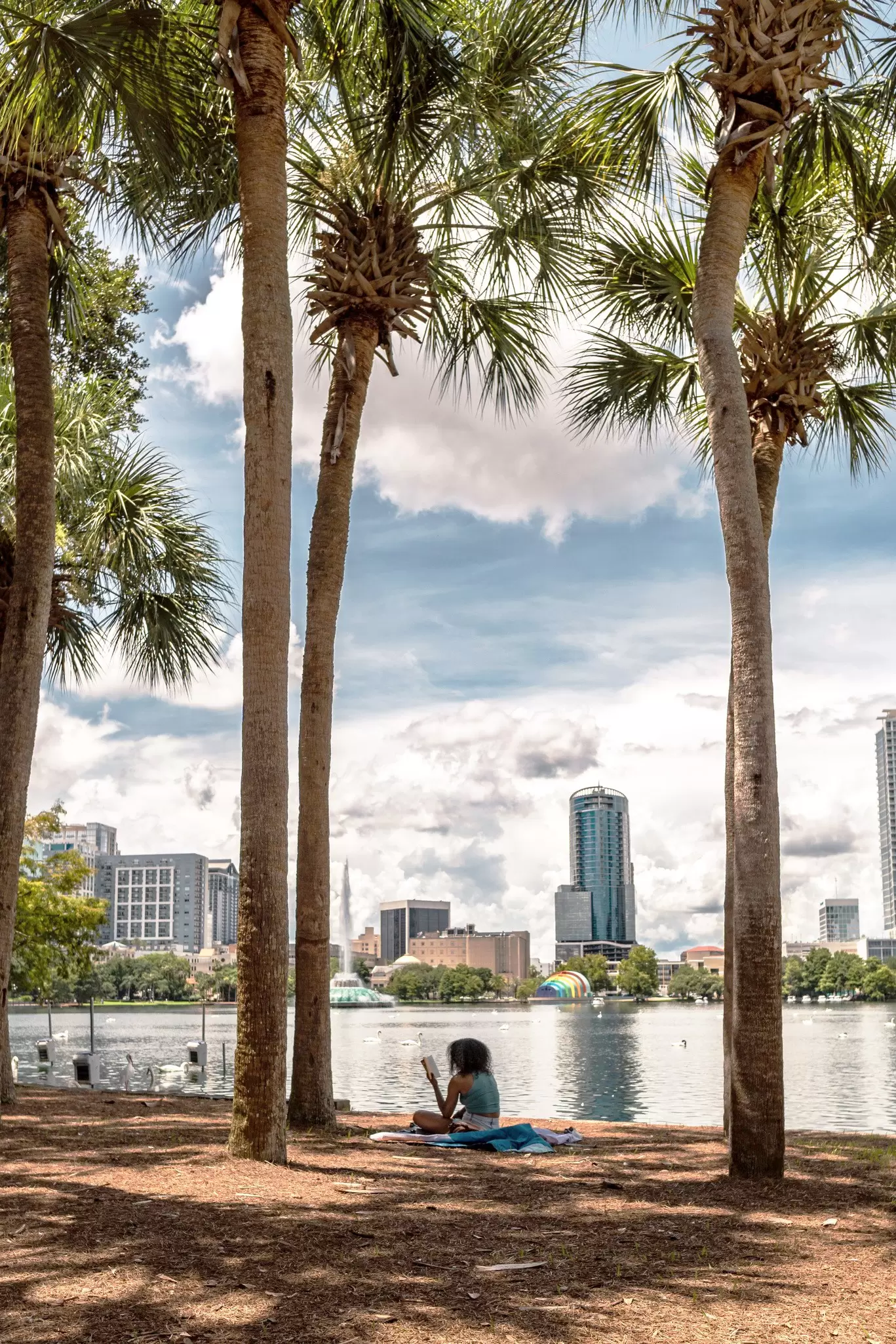 A girl sitting on grass overlooking water, surrounded by palm trees.