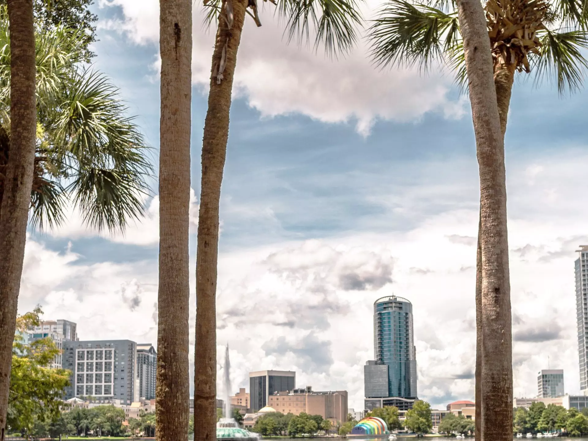 A girl sitting on grass overlooking water, surrounded by palm trees.