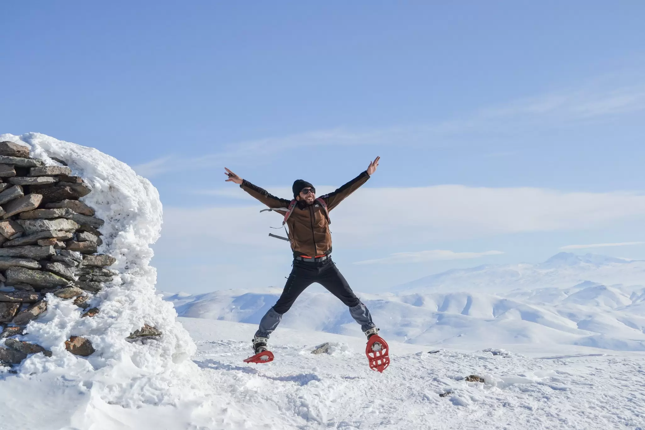 Elsewhere local expert Hakob Harutyunyan celebrates a winter hike in Armenia © Courtesy of Hakob Harutyunyan