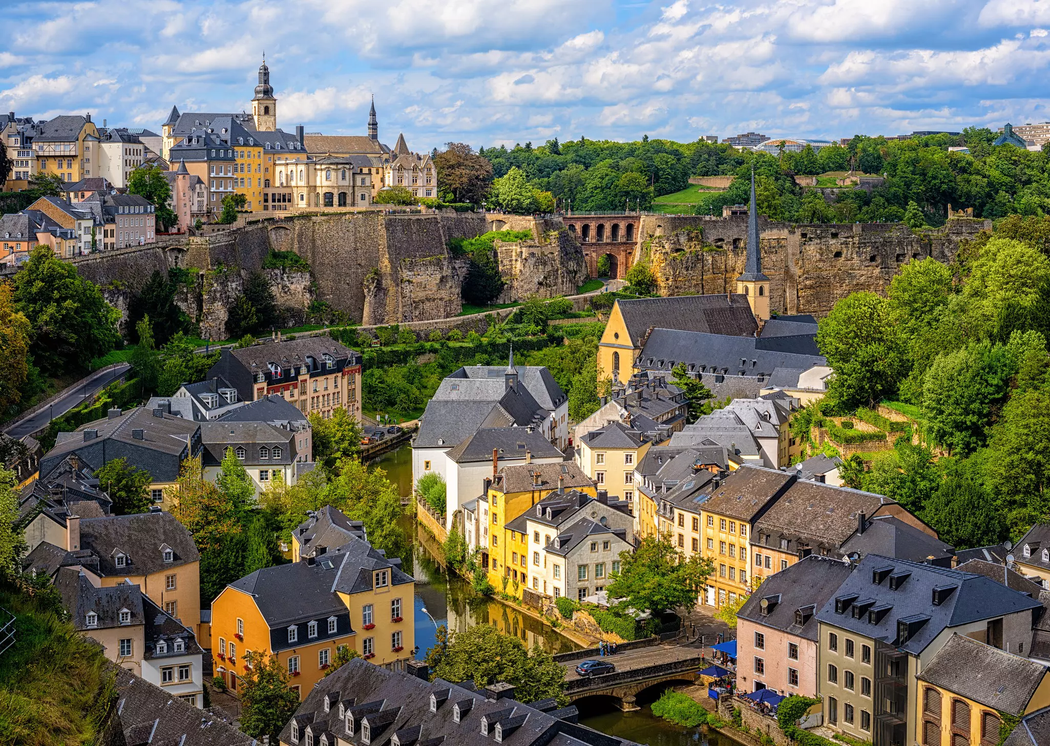 View of the Old Town and Grund in Luxembourg City, Luxembourg.