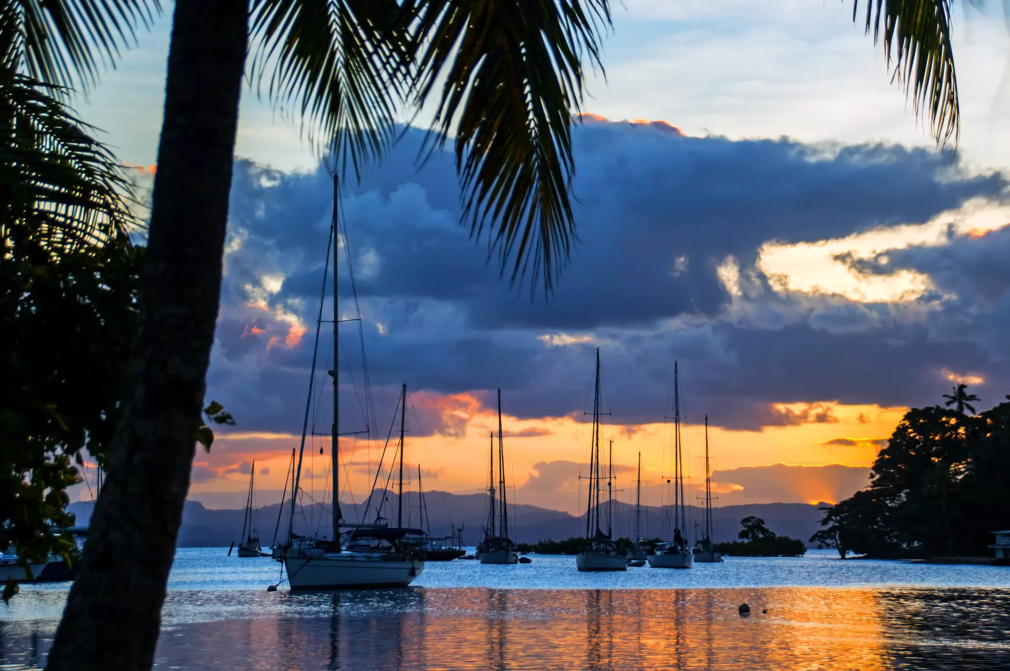 A series of yachts and small boats docked in a harbor as the sunset casts an orange and purple glow across the sky.