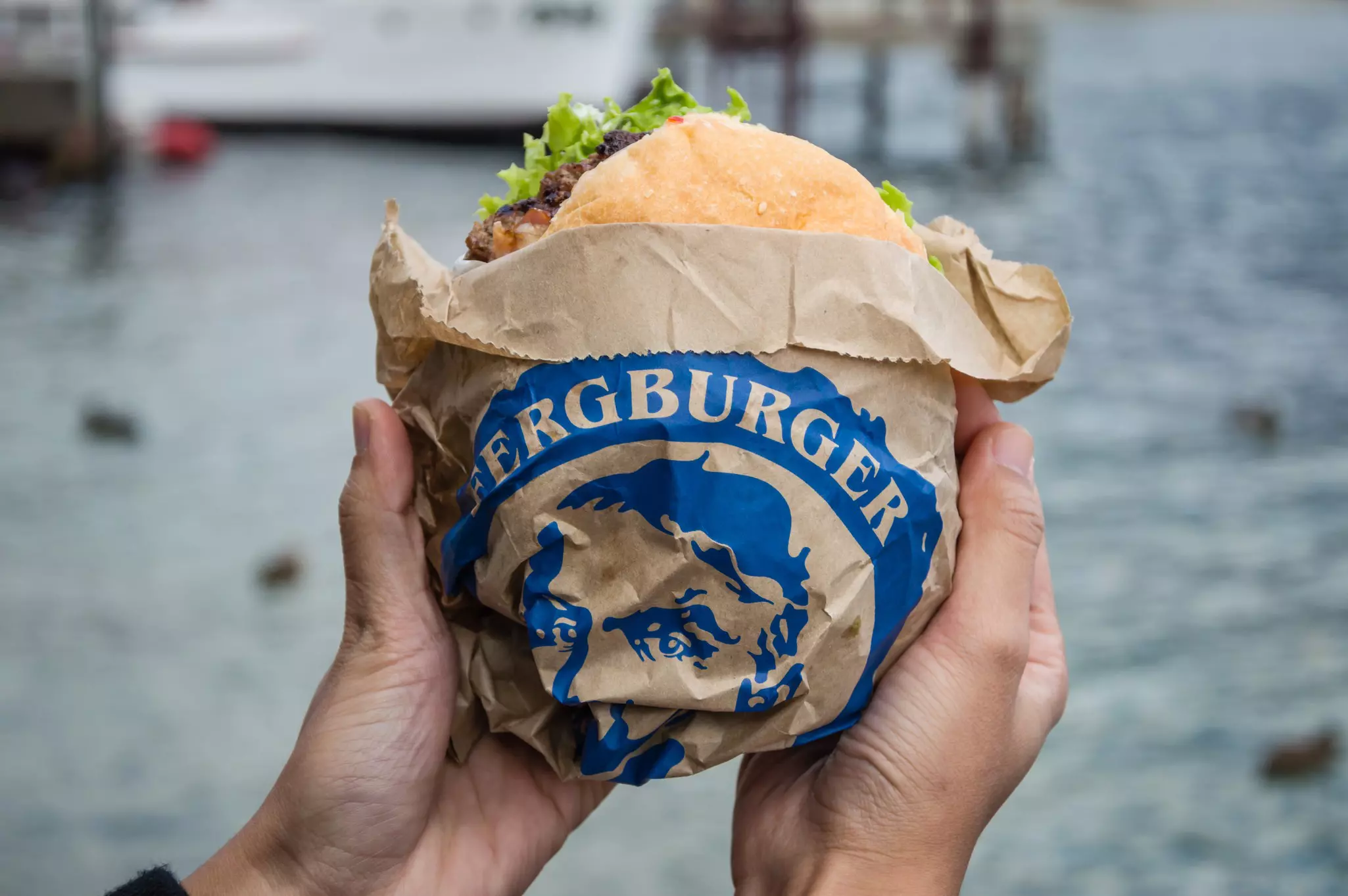 A pair of hands cup a burger wrapped in brown paper with a blue motif on it.