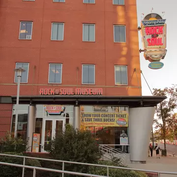 Entrance to the Memphis Rock n Soul Museum.  The museum is located next to the FedEx forum near Beale Street - Memphis, Tennessee, USA - October 13, 2019; Shutterstock ID 1535939477; full: 65050; gl: Online editorial; netsuite: POI updates; your: ...