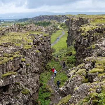 View over the seismic rift valley between the Eurasian and North American tectonic plates in Þingvellir National Park, Iceland.