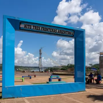 Triple Frontier (Hito Tres Fronteras Puerto Iguaza) in Puerto Iguaza, Argentina, a tri-border area along the junction of Argentina, Brazil and Paraguay. 